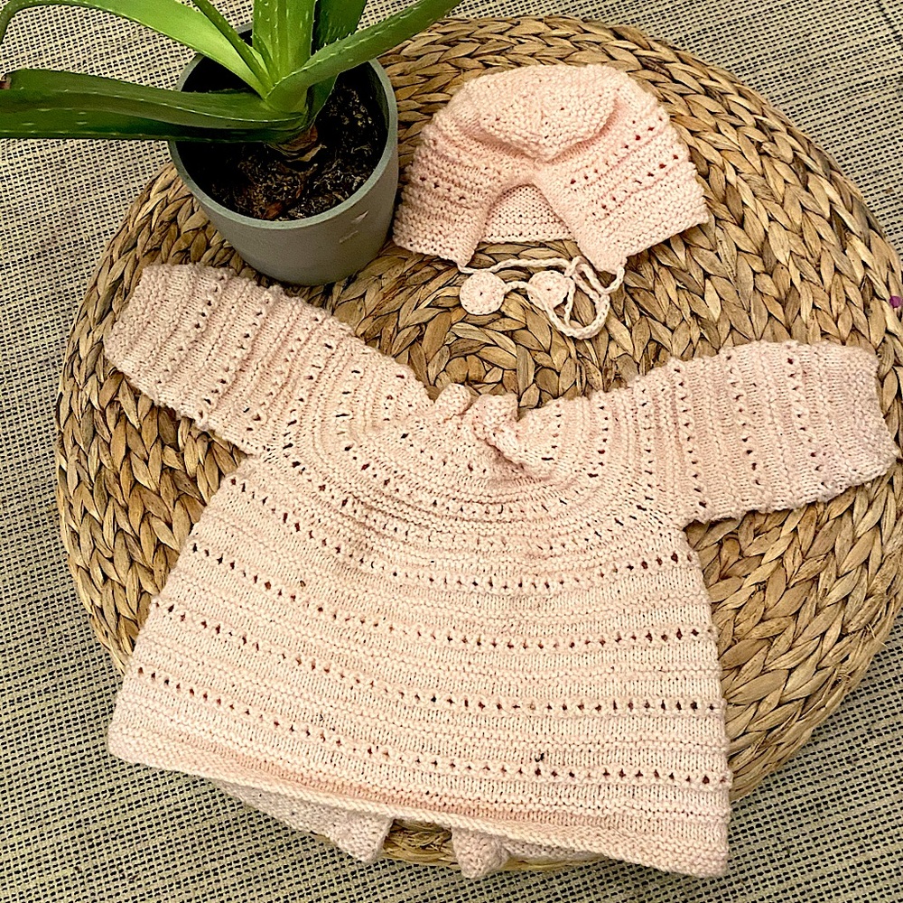 Vintage Hand Made Baby Sweater with Bonnet